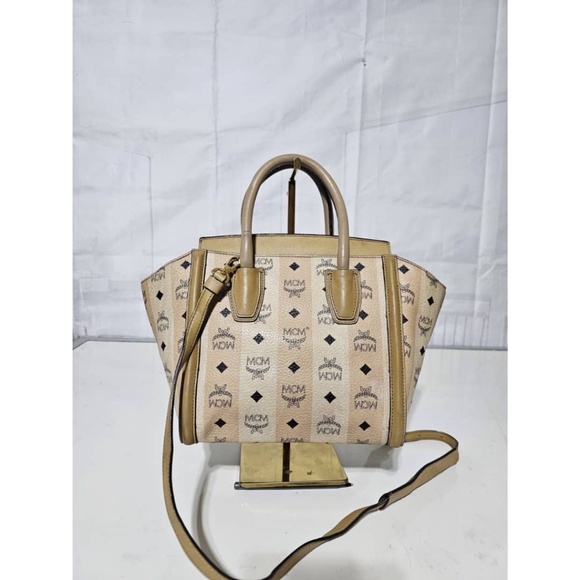 Authentic MCM Striped Visetos Small Kathy Double Zip Tote Beige